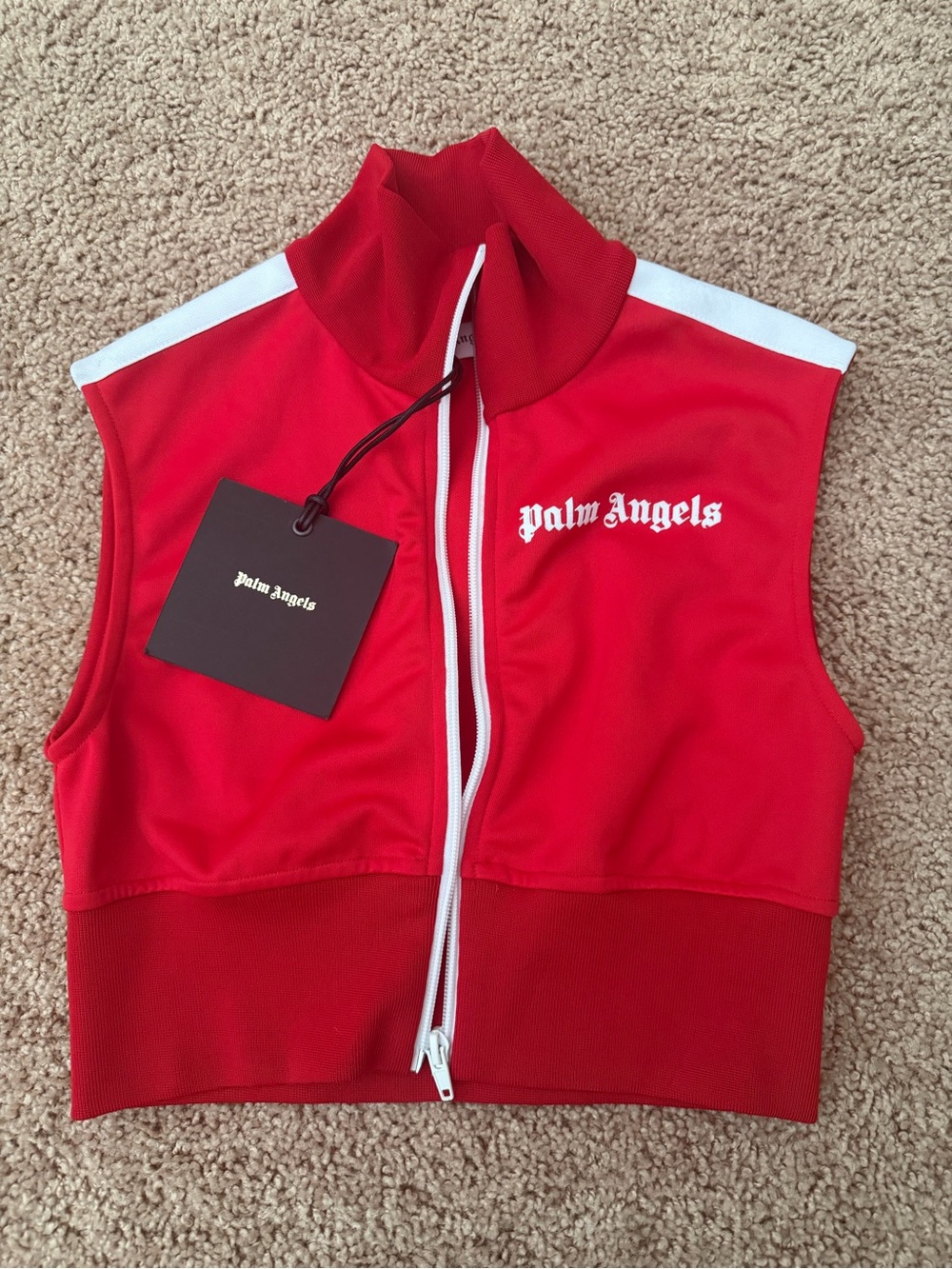 Palm Angels Red Zip-Up Sleeveless Crop Top with White Trim